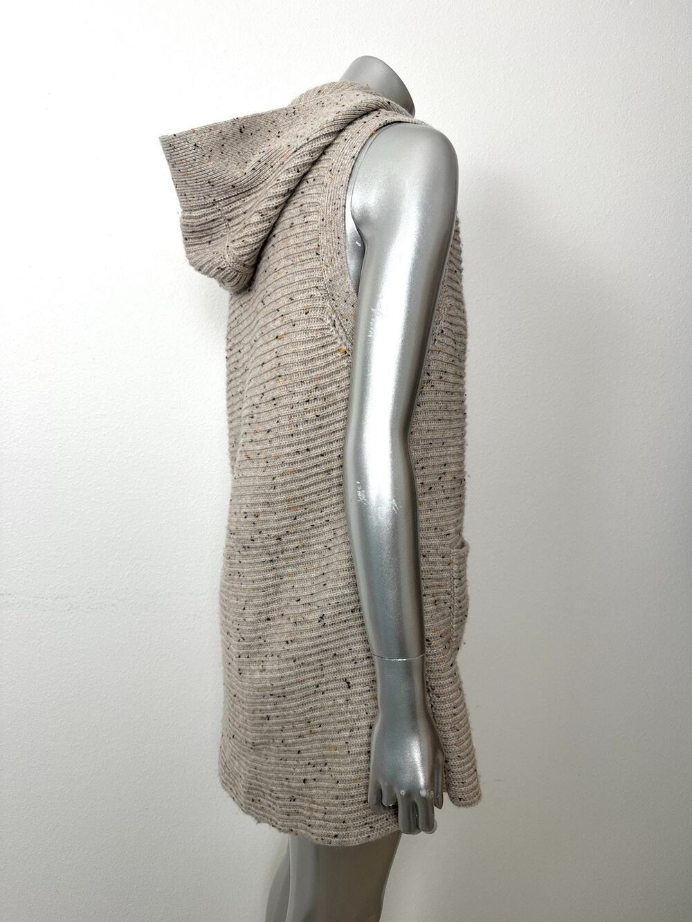 Kokun Cashmere Wool Sweater Taupe Beige Marled Hooded Vest Womens Medium